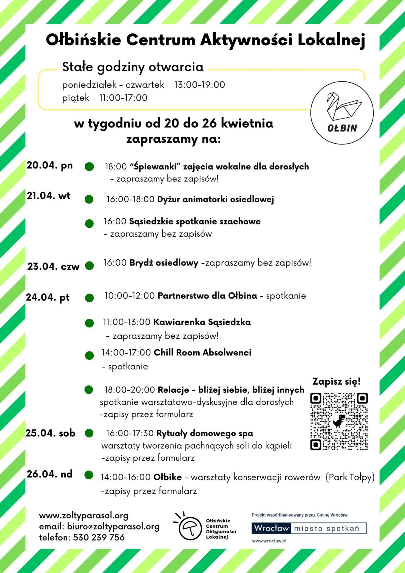 obraz tablica informacyjna białe tło na niej czarna czcionka ołbińskie centrum aktywności lokalnej wraz z opisem wydarzeń