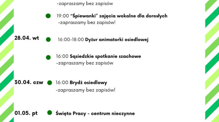 obraz tablica informacyjna białe tło na niej czarna czcionka ołbińskie centrum aktywności lokalnej wraz z opisem wydarzeń
