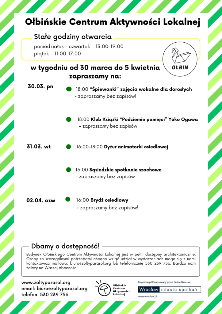 obraz tablica informacyjna białe tło na niej czarna czcionka ołbińskie centrum aktywności lokalnej wraz z opisem wydarzeń