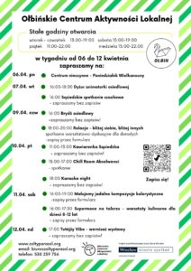 obraz tablica informacyjna białe tło na niej czarna czcionka ołbińskie centrum aktywności lokalnej wraz z opisem wydarzeń