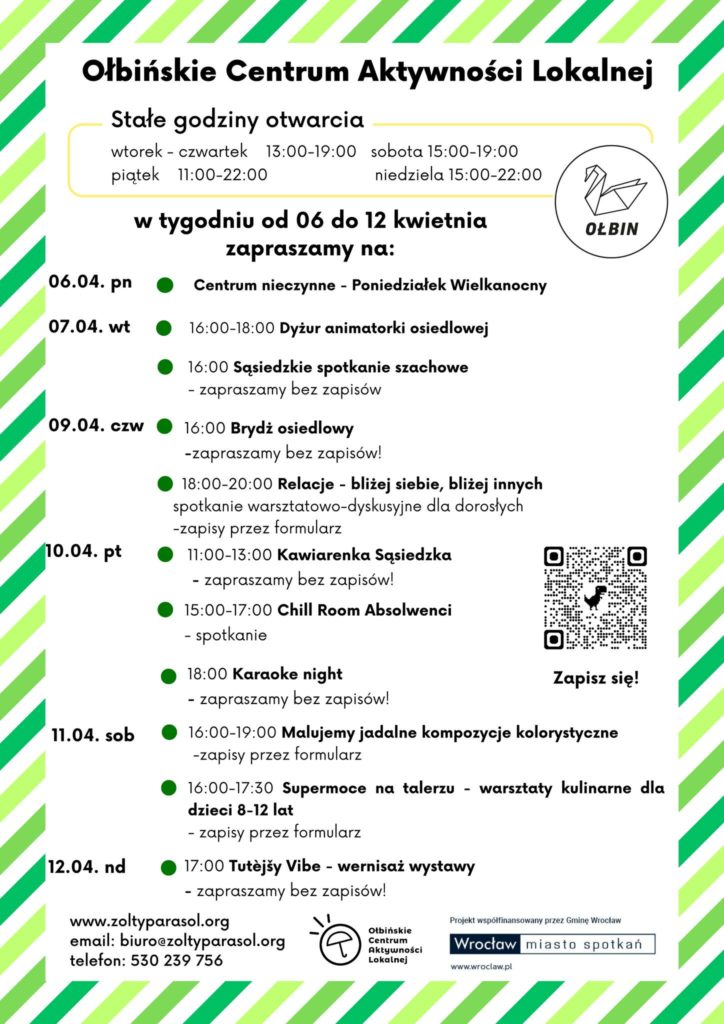 obraz tablica informacyjna białe tło na niej czarna czcionka ołbińskie centrum aktywności lokalnej wraz z opisem wydarzeń