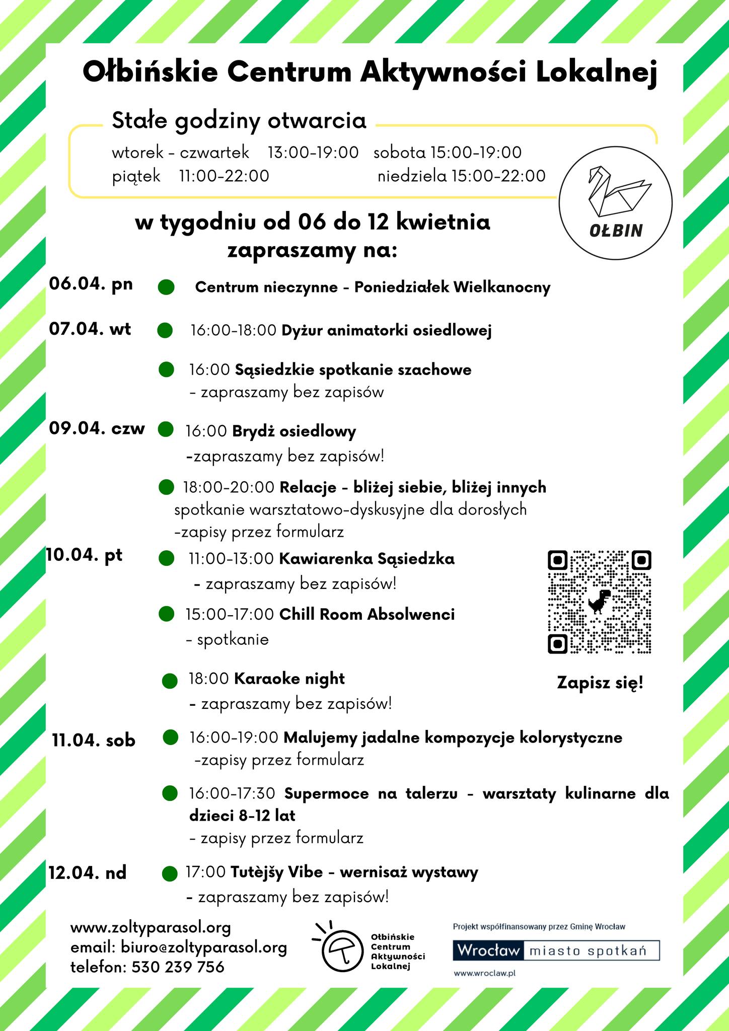 obraz tablica informacyjna białe tło na niej czarna czcionka ołbińskie centrum aktywności lokalnej wraz z opisem wydarzeń