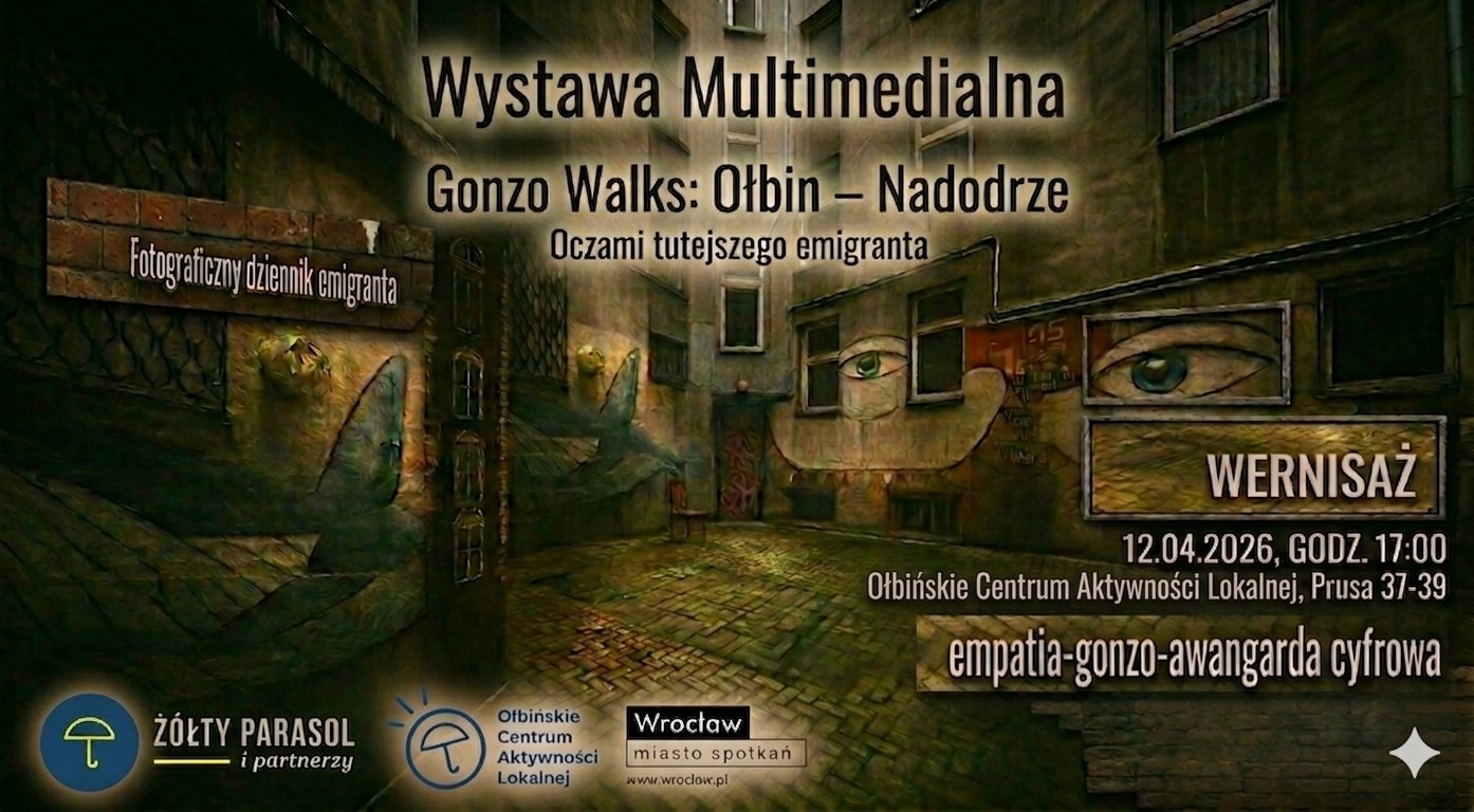 Plakat wydarzenia z tłem w formie ilustracji wąskiego podwórka między starymi kamienicami, z muralami przedstawiającymi duże oczy na ścianach i brukowaną nawierzchnią. Na górze widoczny jest tytuł: "Wystawa Multimedialna". Poniżej: "Gonzo Walks: Ołbin – Nadodrze". Dalej: "Oczami tutejszego emigranta". Po lewej w prostokącie: "Fotograficzny dziennik emigranta". Po prawej duży napis: "WERNISAŻ". Pod nim: "12.04.2026, GODZ. 17:00". Niżej: "Ołbińskie Centrum Aktywności Lokalnej, Prusa 37-39". Na dole po prawej: "empatia-gonzo-awangarda cyfrowa". Na dole widoczne są logotypy i napisy: "ŻÓŁTY PARASOL i partnerzy" "Ołbińskie Centrum Aktywności Lokalnej" "Wrocław miasto spotkań" "www.wroclaw.pl"