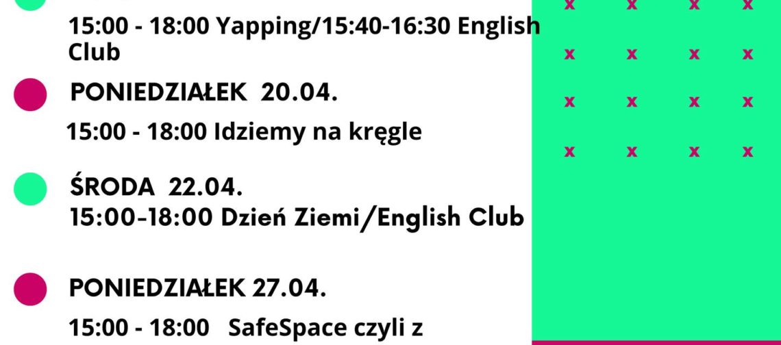 obraz z harmonogramem wydarzeń na marzec w Klubowym Centrum Dramy i Chillu. Po lewej stronie znajduje się lista spotkań z datami i godzinami, a po prawej zielone pole z napisem „marzec w Klubowym Centrum Dramy i Chillu”. Na dole są dane kontaktowe i logotypy