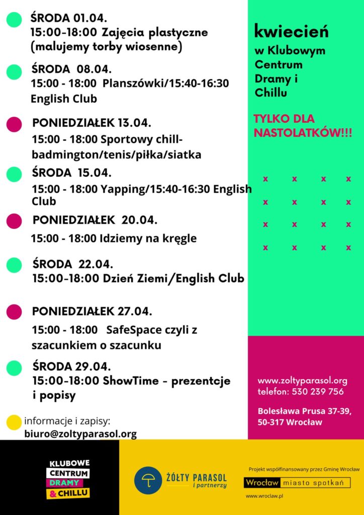 obraz z harmonogramem wydarzeń na marzec w Klubowym Centrum Dramy i Chillu. Po lewej stronie znajduje się lista spotkań z datami i godzinami, a po prawej zielone pole z napisem „marzec w Klubowym Centrum Dramy i Chillu”. Na dole są dane kontaktowe i logotypy