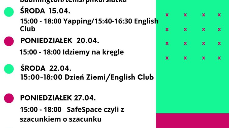 obraz z harmonogramem wydarzeń na marzec w Klubowym Centrum Dramy i Chillu. Po lewej stronie znajduje się lista spotkań z datami i godzinami, a po prawej zielone pole z napisem „marzec w Klubowym Centrum Dramy i Chillu”. Na dole są dane kontaktowe i logotypy