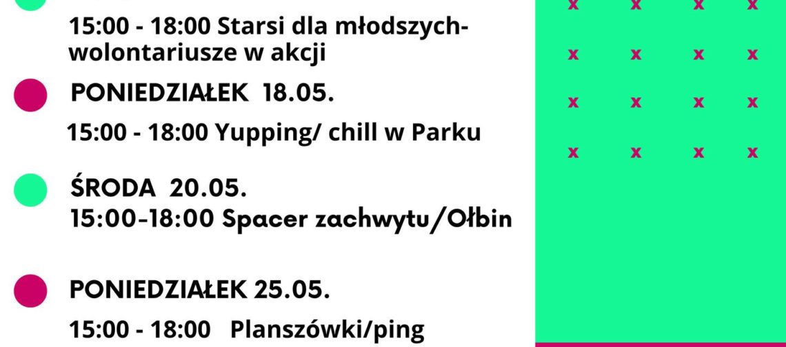 obraz z harmonogramem wydarzeń na marzec w Klubowym Centrum Dramy i Chillu. Po lewej stronie znajduje się lista spotkań z datami i godzinami, a po prawej zielone pole z napisem „maj w Klubowym Centrum Dramy i Chillu”. Na dole są dane kontaktowe i logotypy