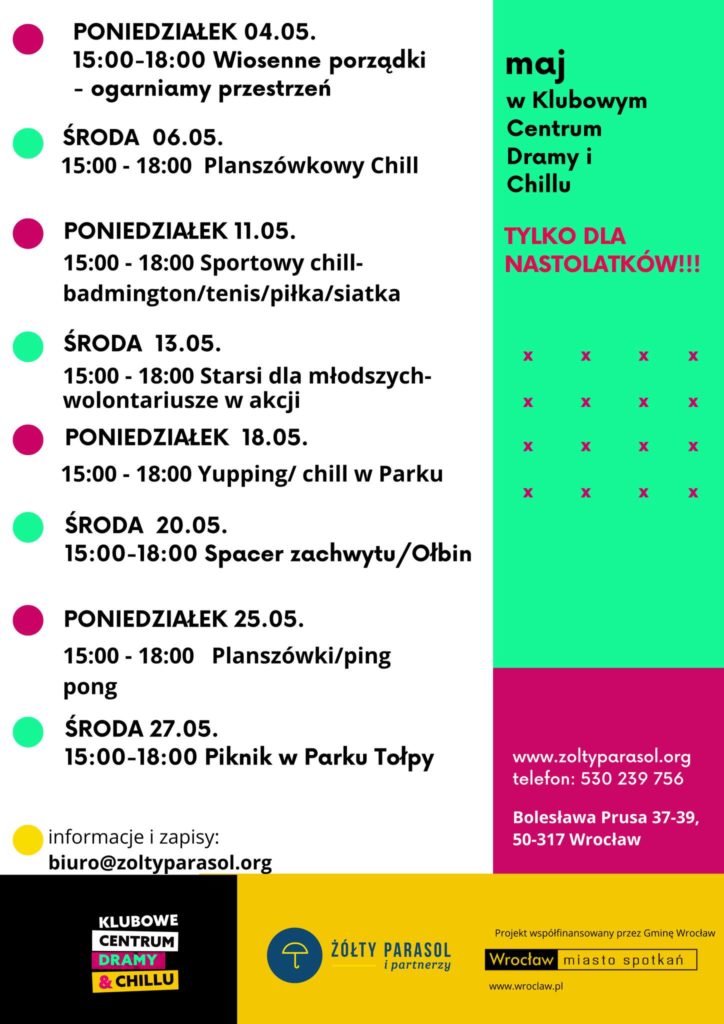 obraz z harmonogramem wydarzeń na marzec w Klubowym Centrum Dramy i Chillu. Po lewej stronie znajduje się lista spotkań z datami i godzinami, a po prawej zielone pole z napisem „maj w Klubowym Centrum Dramy i Chillu”. Na dole są dane kontaktowe i logotypy