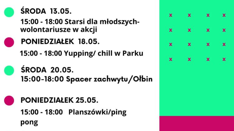 obraz z harmonogramem wydarzeń na marzec w Klubowym Centrum Dramy i Chillu. Po lewej stronie znajduje się lista spotkań z datami i godzinami, a po prawej zielone pole z napisem „maj w Klubowym Centrum Dramy i Chillu”. Na dole są dane kontaktowe i logotypy