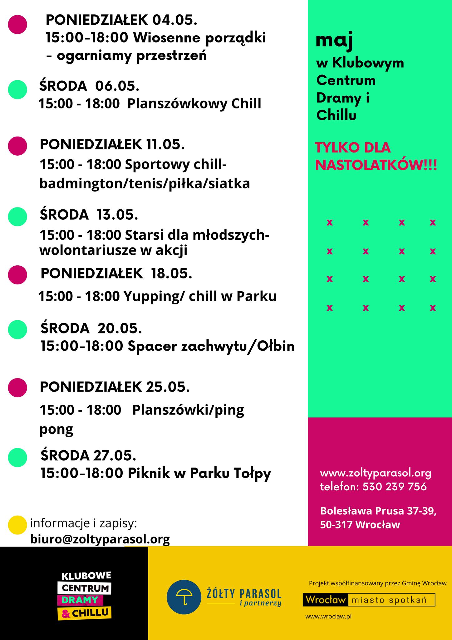 obraz z harmonogramem wydarzeń na marzec w Klubowym Centrum Dramy i Chillu. Po lewej stronie znajduje się lista spotkań z datami i godzinami, a po prawej zielone pole z napisem „maj w Klubowym Centrum Dramy i Chillu”. Na dole są dane kontaktowe i logotypy