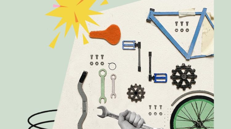 Plakat promujący warsztaty konserwacji rowerów „OtBike”, z grafiką części rowerowych i narzędzi ułożonych jak schemat oraz fragmentem koła rowerowego w prawym dolnym rogu. U góry po lewej jest logo z parasolką i tekst: „Ołbińskie Centrum Aktywności Lokalnej”. Na środku u góry duży napis: „OtBike”. Pod nim: „warsztaty konserwacji rowerów”. Na grafice widać m.in. siodełko, pedały, śruby/nakrętki, klucze, zębatki, fragment ramy i koła; jest też rysunkowy żółty „wybuch”/gwiazdka. Na dole po prawej duży zapis terminu: „28.03 | g. 14.00”. Na dole po lewej napis: „ŻÓŁTY PARASOL i partnerzy”. Na dole po prawej: „Projekt współfinansowany przez Gminę Wrocław” oraz „Wrocław miasto spotkań” i „www.wroclaw.pl”.