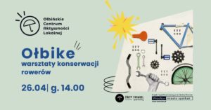 Plakat promujący warsztaty konserwacji rowerów „OtBike”, z grafiką części rowerowych i narzędzi ułożonych jak schemat oraz fragmentem koła rowerowego w prawym dolnym rogu. U góry po lewej jest logo z parasolką i tekst: „Ołbińskie Centrum Aktywności Lokalnej”. Na środku u góry duży napis: „OtBike”. Pod nim: „warsztaty konserwacji rowerów”. Na grafice widać m.in. siodełko, pedały, śruby/nakrętki, klucze, zębatki, fragment ramy i koła; jest też rysunkowy żółty „wybuch”/gwiazdka. Na dole po prawej duży zapis terminu: „28.04 | g. 14.00”. Na dole po lewej napis: „ŻÓŁTY PARASOL i partnerzy”. Na dole po prawej: „Projekt współfinansowany przez Gminę Wrocław” oraz „Wrocław miasto spotkań” i „www.wroclaw.pl”.