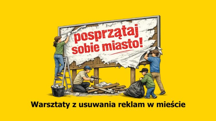 Żółte tło plakatu z rysunkiem ludzi zdejmujących dużą reklamę z billboardu. Na środku stoi drewniany billboard, z którego odrywana jest podarta biała papierowa reklama. Na tej reklamie czerwonym, pogrubionym tekstem napisane jest: „posprzątaj sobie miasto!”. Po lewej stronie przy billboardzie stoi kobieta w zielonej koszulce i dżinsach, na drabinie, i zdejmuje górny fragment papieru. Obok drabiny stoi czarne wiadro z odpadami. Na dole, na środku, mężczyzna w beżowej koszulce i czapce klęczy i zeskrobuje papier z drewnianej konstrukcji, obok leży sterta wyrwanych desek i kawałków papieru. Po prawej stronie dorosły w niebieskiej koszulce i brązowych spodniach zdejmuje prawy bok plakatu, a obok dwójka dzieci w zielonej i żółtej bluzie wkłada śmieci do dużego czarnego worka. U dołu plakatu czarnym, pogrubionym tekstem widnieje napis: „Warsztaty z usuwania reklam w mieście”