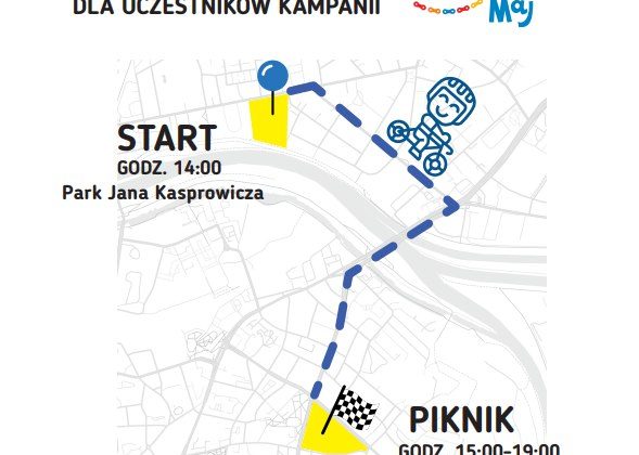 Plakat informacyjny o wydarzeniu rowerowym. Na górze duży napis: „ROWEROWA MOBILIZACJA”. Po prawej stronie w żółtym prostokącie tekst: „19.04.2026 NIEDZIELA”. Niżej: „PRZEJAZD I PIKNIK ROWEROWY DLA UCZESTNIKÓW KAMPANII”. Obok logo akcji: napis „Rowerowy Maj” z kolorowymi kółeczkami pod spodem. Poniżej znajduje się schematyczna mapa miasta z zaznaczoną przerywaną, niebieską linią trasy przejazdu