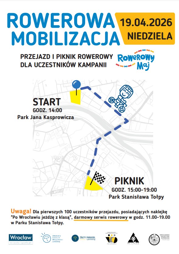 Plakat informacyjny o wydarzeniu rowerowym. Na górze duży napis: „ROWEROWA MOBILIZACJA”. Po prawej stronie w żółtym prostokącie tekst: „19.04.2026 NIEDZIELA”. Niżej: „PRZEJAZD I PIKNIK ROWEROWY DLA UCZESTNIKÓW KAMPANII”. Obok logo akcji: napis „Rowerowy Maj” z kolorowymi kółeczkami pod spodem. Poniżej znajduje się schematyczna mapa miasta z zaznaczoną przerywaną, niebieską linią trasy przejazdu