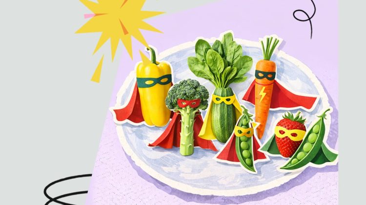 Plakat wydarzenia z ilustracją talerza pełnego warzyw i owoców stylizowanych na superbohaterów. Tło jest jasnoszare, a na środku znajduje się fioletowy prostokąt z talerzem. Na talerzu stoją: żółta papryka, brokuł, zielona cukinia, pęczek zielonych liści (wygląda jak szpinak), marchewka, strąk groszku i truskawka; wszystkie mają kolorowe peleryny i maski na „twarzach”. Obok jest żółty wybuchowy kształt jak komiksowy efekt oraz czarne odręczne zawijasy. Tekst na plakacie: Ołbińskie Centrum Aktywności Lokalnej Super moce na talerzu – wiosenni bohaterowie 11.04 | g. 16.00 ŻÓŁTY PARASOL i partnerzy Projekt współfinansowany przez Gminę Wrocław Wrocław miasto spotkań www.wroclaw.pl