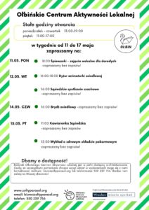 obraz tablica informacyjna białe tło na niej czarna czcionka ołbińskie centrum aktywności lokalnej wraz z opisem wydarzeń