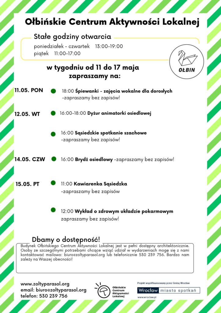 obraz tablica informacyjna białe tło na niej czarna czcionka ołbińskie centrum aktywności lokalnej wraz z opisem wydarzeń