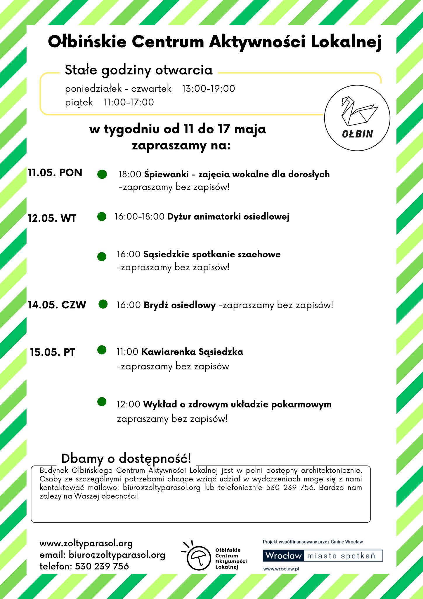obraz tablica informacyjna białe tło na niej czarna czcionka ołbińskie centrum aktywności lokalnej wraz z opisem wydarzeń