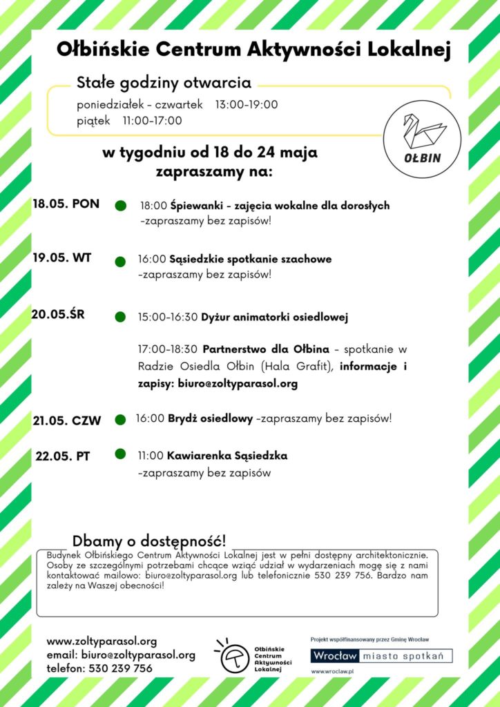 obraz tablica informacyjna białe tło na niej czarna czcionka ołbińskie centrum aktywności lokalnej wraz z opisem wydarzeń