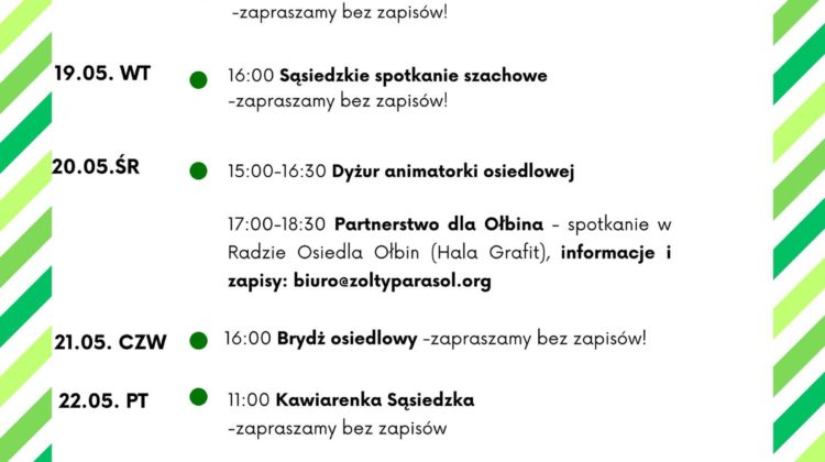 obraz tablica informacyjna białe tło na niej czarna czcionka ołbińskie centrum aktywności lokalnej wraz z opisem wydarzeń