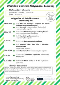 obraz tablica informacyjna białe tło na niej czarna czcionka ołbińskie centrum aktywności lokalnej wraz z opisem wydarzeń