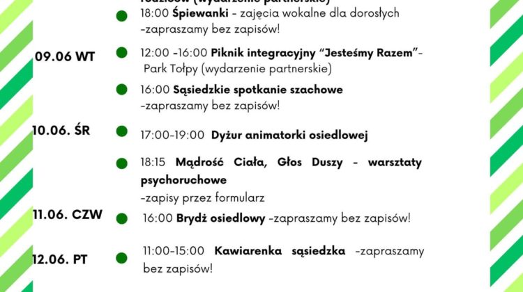 obraz tablica informacyjna białe tło na niej czarna czcionka ołbińskie centrum aktywności lokalnej wraz z opisem wydarzeń