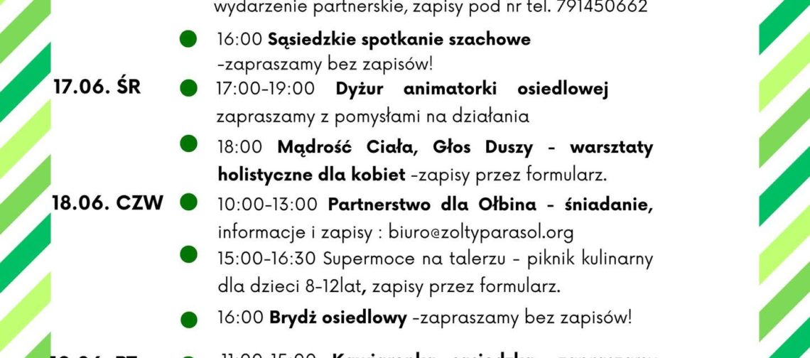 obraz tablica informacyjna białe tło na niej czarna czcionka ołbińskie centrum aktywności lokalnej wraz z opisem wydarzeń