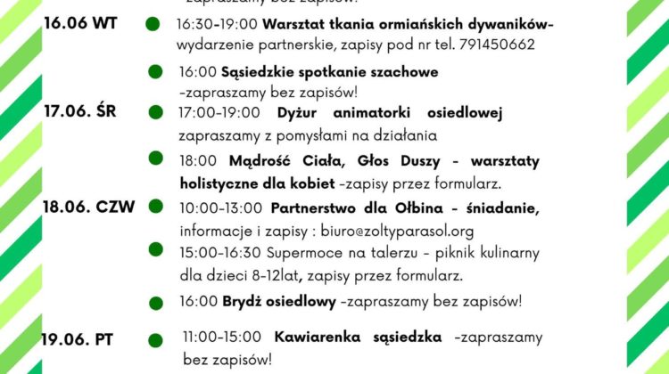 obraz tablica informacyjna białe tło na niej czarna czcionka ołbińskie centrum aktywności lokalnej wraz z opisem wydarzeń