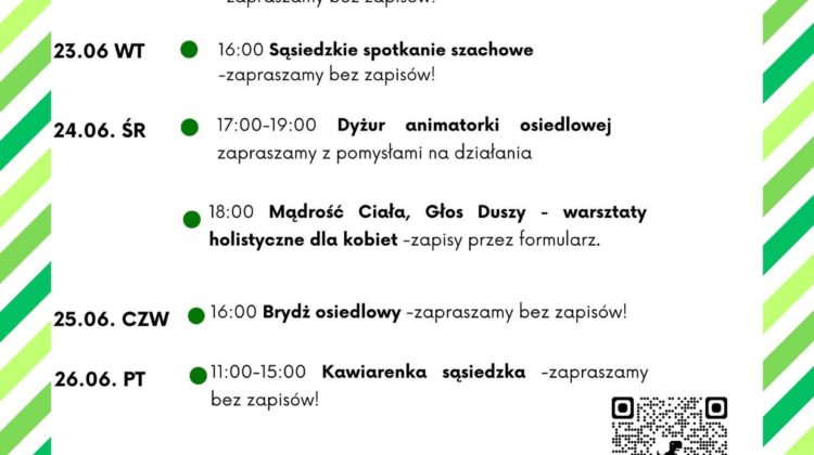 obraz tablica informacyjna białe tło na niej czarna czcionka ołbińskie centrum aktywności lokalnej wraz z opisem wydarzeń