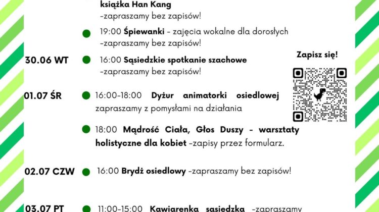 obraz tablica informacyjna białe tło na niej czarna czcionka ołbińskie centrum aktywności lokalnej wraz z opisem wydarzeń