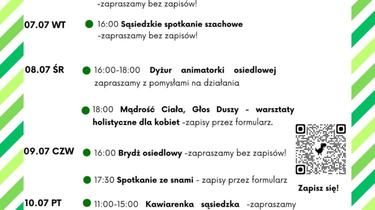 obraz tablica informacyjna białe tło na niej czarna czcionka ołbińskie centrum aktywności lokalnej wraz z opisem wydarzeń