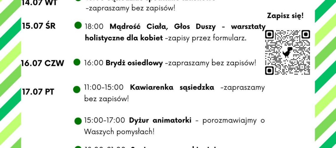 obraz tablica informacyjna białe tło na niej czarna czcionka ołbińskie centrum aktywności lokalnej wraz z opisem wydarzeń