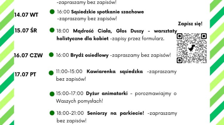 obraz tablica informacyjna białe tło na niej czarna czcionka ołbińskie centrum aktywności lokalnej wraz z opisem wydarzeń