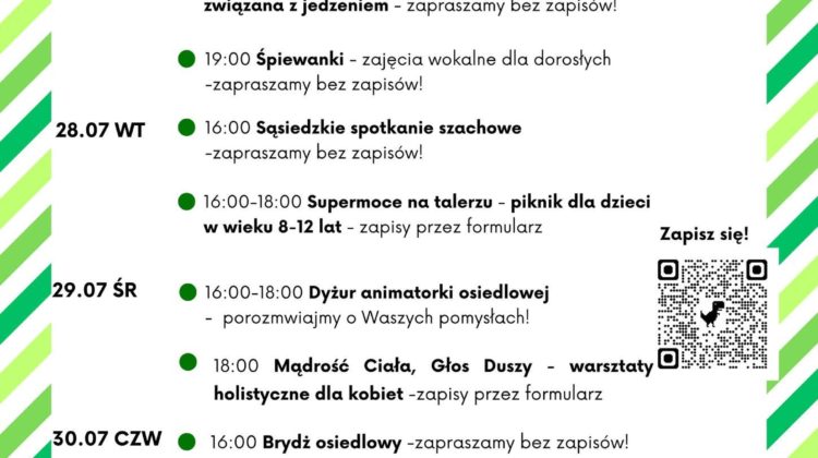 obraz tablica informacyjna białe tło na niej czarna czcionka ołbińskie centrum aktywności lokalnej wraz z opisem wydarzeń