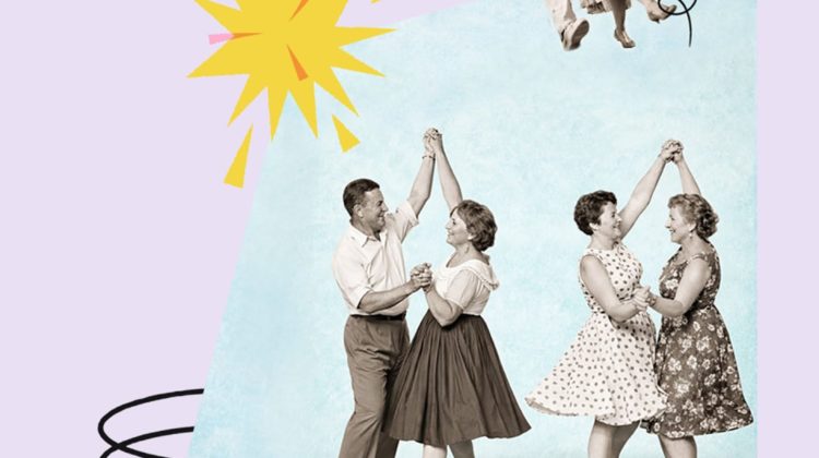 Plakat z zaproszeniem na potańcówkę dla seniorów. Na środku widać zdjęcie w stylu retro: dwie tańczące pary, starsze osoby w sukienkach z rozkloszowanym dołem i w spodniach z koszulą, uśmiechnięte, trzymają się za ręce, jakby tańczyły w kręgu. Tło zdjęcia jest jasnoniebieskie, reszta plakatu w jasnym, liliowym kolorze. Nad zdjęciem duży napis: „Potańcówka”. W lewym górnym rogu logo z parasolką i tekstem: „Ołbińskie Centrum Aktywności Lokalnej”. W lewym dolnym rogu czarne kółko z białą parasolką i podpis: „Żółty Parasol i partnerzy”. W prawym dolnym rogu różowy kształt z napisem: „Projekt współfinansowany przez Gminę Wrocław” oraz logotypem: „Wrocław – miasto spotkań, www.wroclaw.pl”. W tle są też proste, graficzne ozdoby: żółta gwiazda–wybuch przy lewej krawędzi zdjęcia oraz czarne, faliste linie.