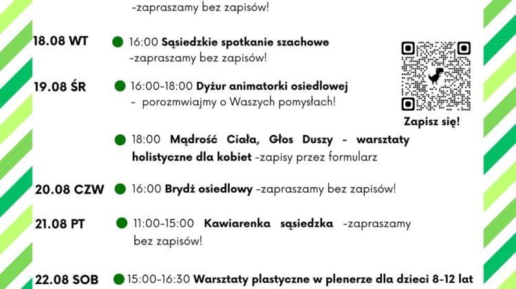 obraz tablica informacyjna białe tło na niej czarna czcionka ołbińskie centrum aktywności lokalnej wraz z opisem wydarzeń