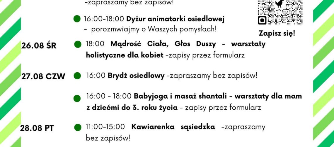 obraz tablica informacyjna białe tło na niej czarna czcionka ołbińskie centrum aktywności lokalnej wraz z opisem wydarzeń