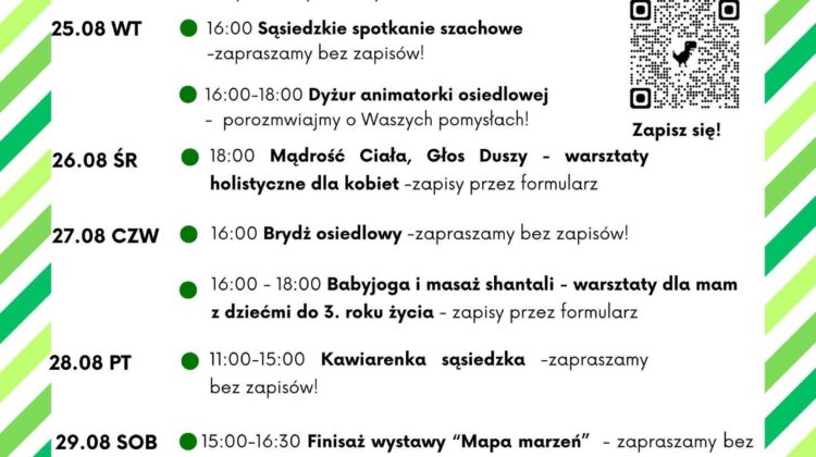 obraz tablica informacyjna białe tło na niej czarna czcionka ołbińskie centrum aktywności lokalnej wraz z opisem wydarzeń