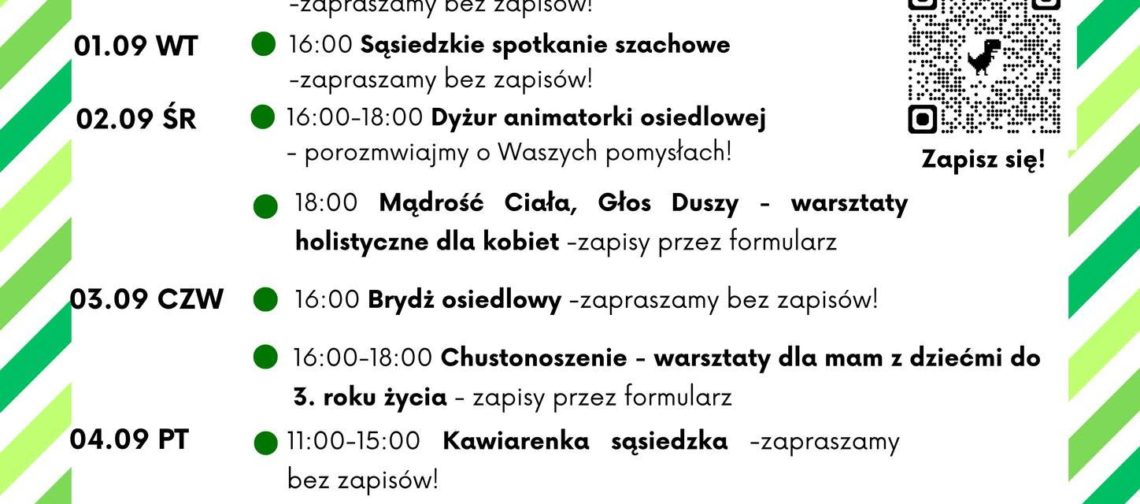 obraz tablica informacyjna białe tło na niej czarna czcionka ołbińskie centrum aktywności lokalnej wraz z opisem wydarzeń