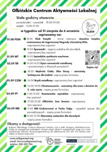 obraz tablica informacyjna białe tło na niej czarna czcionka ołbińskie centrum aktywności lokalnej wraz z opisem wydarzeń