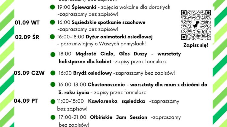 obraz tablica informacyjna białe tło na niej czarna czcionka ołbińskie centrum aktywności lokalnej wraz z opisem wydarzeń