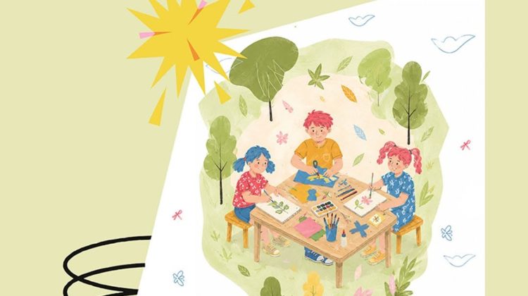 Plakat informacyjny o warsztatach dla dzieci. W centralnej części znajduje się ilustracja trojga dzieci siedzących przy prostokątnym stoliku na ławach w parku, zajętych pracami plastycznymi: na stole są kartki, pędzle, farby, nożyczki i liście. Wokół widać trawniki, krzewy i drzewa. Tekst na plakacie: U góry po lewej: „OŁBIŃSKIE CENTRUM AKTYWNOŚCI LOKALNEJ” – z logo parasola. Na środku: „Warsztaty plastyczne w Parku Tołpy dla dzieci 8–12” Na dole, dużą czcionką: „22.08 godz. 15–16.30” Na samym dole po lewej: „ŻÓŁTY PARASOL i partnerzy” – obok logo parasola. Na dole po prawej, w białym prostokącie: „Projekt współfinansowany przez Gminę Wrocław Wrocław miasto spotkań” oraz adres strony „www.wroclaw.pl”.