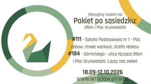 Grafika promocyjna z geometrycznym łabędziem w okrągłej ramce. Po lewej stronie znajduje się duże koło złożone z kilku kolorowych segmentów w odcieniach zieleni i żółci. W środku koła jest stylizowany, origami‑podobny łabędź w kolorach zielonym i żółtym. Po prawej stronie umieszczony jest tekst: „Głosujmy razem na Pakiet po sąsiedzku: Ołbin i Plac Grunwaldzki #111 – Szkoła Podstawowa nr 1 – Plac zabaw, street workout, strefa relaksu #184 – Górnickiego – ulica łącząca Ołbin i Plac Grunwaldzki. Łączy nas zieleń 18.09–12.10.2026 www.wroclaw.pl/wbo”