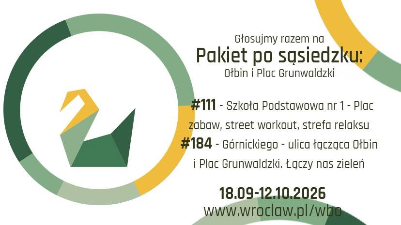Grafika promocyjna z geometrycznym łabędziem w okrągłej ramce. Po lewej stronie znajduje się duże koło złożone z kilku kolorowych segmentów w odcieniach zieleni i żółci. W środku koła jest stylizowany, origami‑podobny łabędź w kolorach zielonym i żółtym. Po prawej stronie umieszczony jest tekst: „Głosujmy razem na Pakiet po sąsiedzku: Ołbin i Plac Grunwaldzki #111 – Szkoła Podstawowa nr 1 – Plac zabaw, street workout, strefa relaksu #184 – Górnickiego – ulica łącząca Ołbin i Plac Grunwaldzki. Łączy nas zieleń 18.09–12.10.2026 www.wroclaw.pl/wbo”