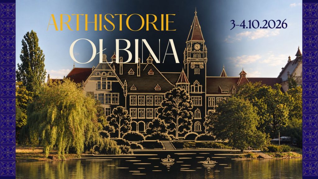Plakat wydarzenia artystyczno‑historycznego. W centrum widać fotografię zabytkowego, jasnego budynku z wysoką wieżą zegarową, stojącego nad wodą, otoczonego drzewami w ciepłym, złotym świetle zachodzącego słońca. Na tę fotografię nałożony jest złoty, linearny rysunek tego samego budynku z drzewami i wodą, z dwiema łódkami lub łabędziami na tafli. Tło nieba jest jasnoniebieskie z kilkoma chmurami. Po lewej stronie u góry widnieje duży napis: „ARTHIS­TORIE” w złotym kolorze. Pod nim, na środku, znajduje się biały napis: „OŁBINA” (litera „Ł” jest lekko przecięta przez grafiki budynku). W prawym górnym rogu jest tekst: „3–4.10.2026” w ciemnoniebieskim kolorze. Po lewej i prawej krawędzi plakatu biegną pionowe, szerokie, ciemnofioletowe pasy z powtarzającym się dekoracyjnym motywem geometryczno‑roślinnym w jaśniejszym fiolecie.