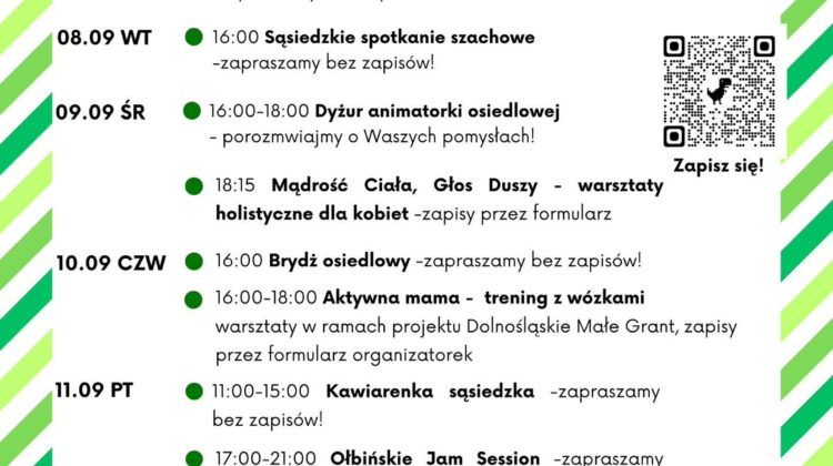 obraz tablica informacyjna białe tło na niej czarna czcionka ołbińskie centrum aktywności lokalnej wraz z opisem wydarzeń