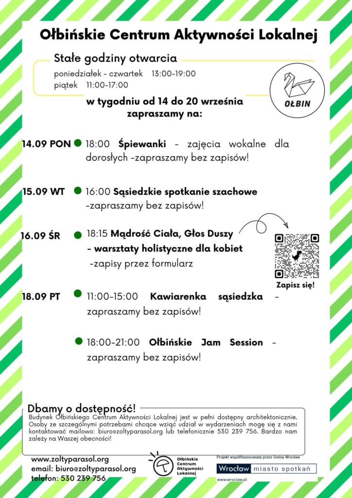 obraz tablica informacyjna białe tło na niej czarna czcionka ołbińskie centrum aktywności lokalnej wraz z opisem wydarzeń