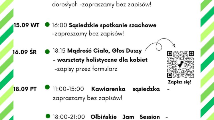 obraz tablica informacyjna białe tło na niej czarna czcionka ołbińskie centrum aktywności lokalnej wraz z opisem wydarzeń