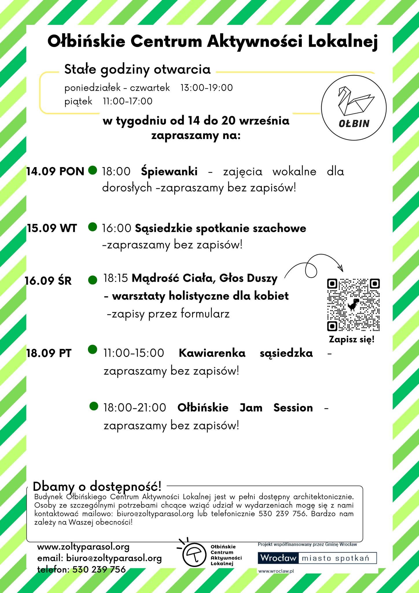 obraz tablica informacyjna białe tło na niej czarna czcionka ołbińskie centrum aktywności lokalnej wraz z opisem wydarzeń